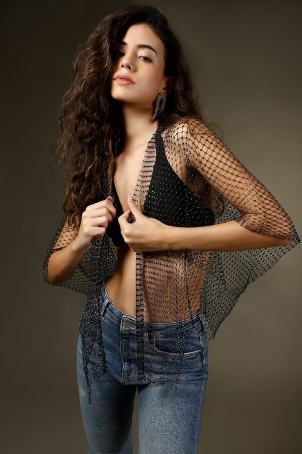 Black Crystal Mesh Shrug With Diamonds - Image 9